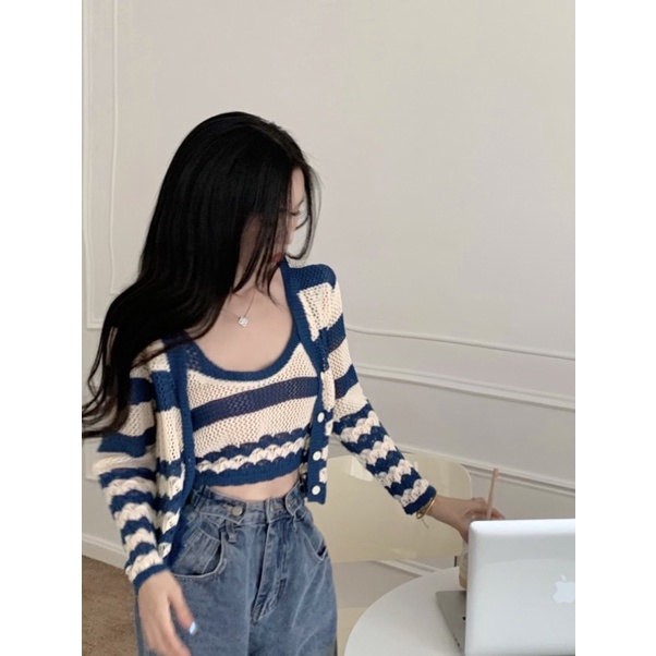 Set áo 2 dây + khoác len đục lỗ - order Thái