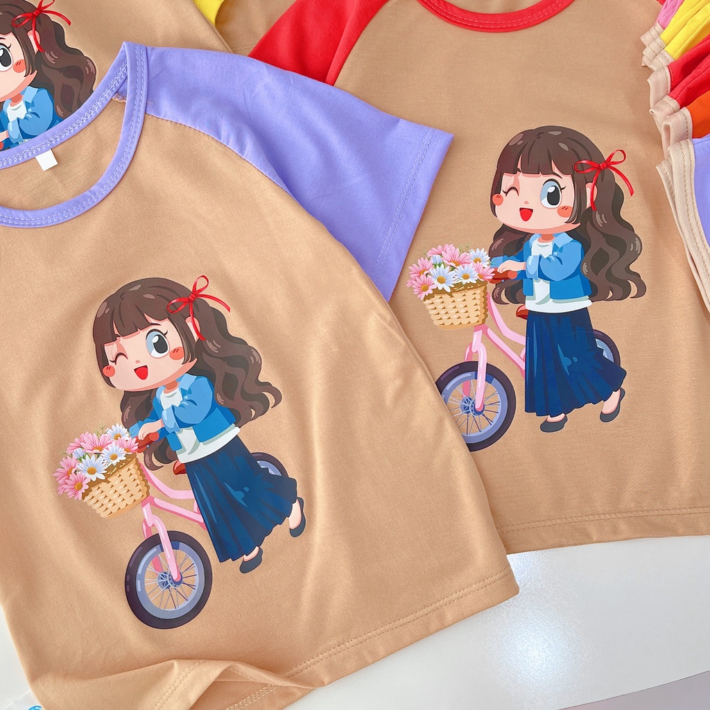 Set 3 bộ đồ bé gái-in bé gái xe đạp-,chất vải thun co giãn 4 chiều từ 10kg đến 25kg-HOÀNG NAM KIDS