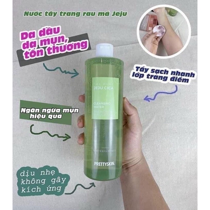 Nước Tẩy Trang Rau Má Pretty Skin Cho Da Dầu Mụn Jeju Cica Cleansing Water 500ml.