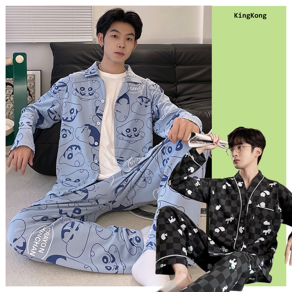 Bộ Đồ Ngủ Tay Dài Chất Liệu Cotton In Họa Tiết Hoạt Hình Thời Trang Mùa Đông Cho Nam