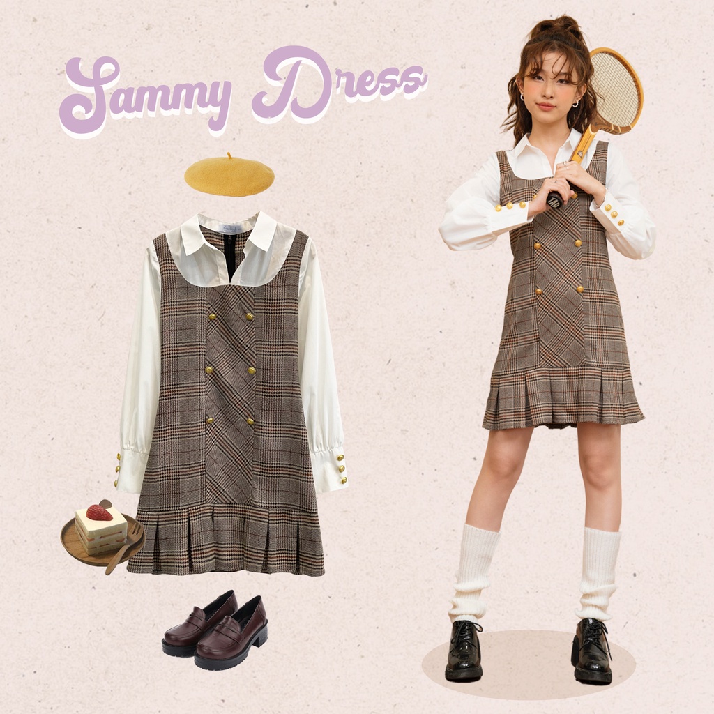 BLEUBIRD Váy caro xếp ly phối trắng Sammy Dress