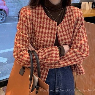 Áo khoác dạ tweed kẻ caro cúc đồng - Áo khoác dạ phong cách Hàn Quốc