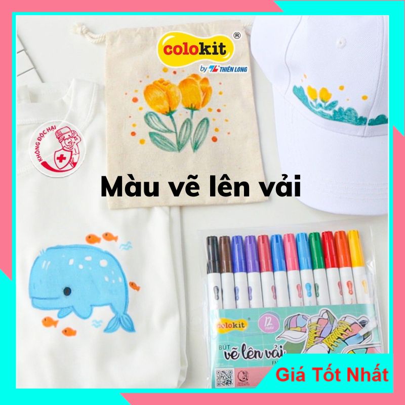 Bút vẽ lên áo 12 màu Fabric Marker Thiên Long Colokit, Bút vẽ lên vải- Tặng kèm túi vải Canvas FM-C002