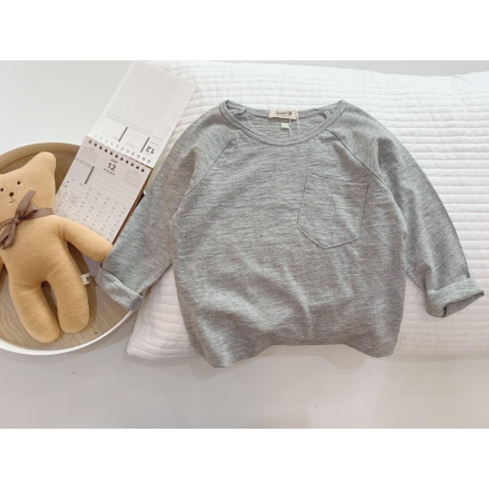 Áo phông dài tay cotton cho bé trai, bé gái trơn phối túi 6 màu basic