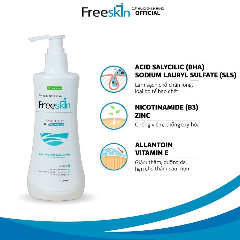 Xịt mụn Freeskin, Gel tắm ngừa mụn Freeskin Acne Clear Giảm Thâm, Làm Sáng, Ngừa Mụn