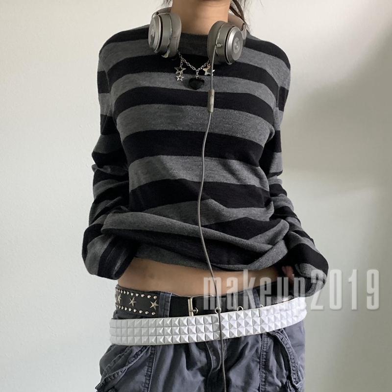 Áo Thun Tay Dài Cổ Tròn Họa Tiết Kẻ Sọc Đen Xám Y2K Thời Trang Mùa Thu Cho Nữ