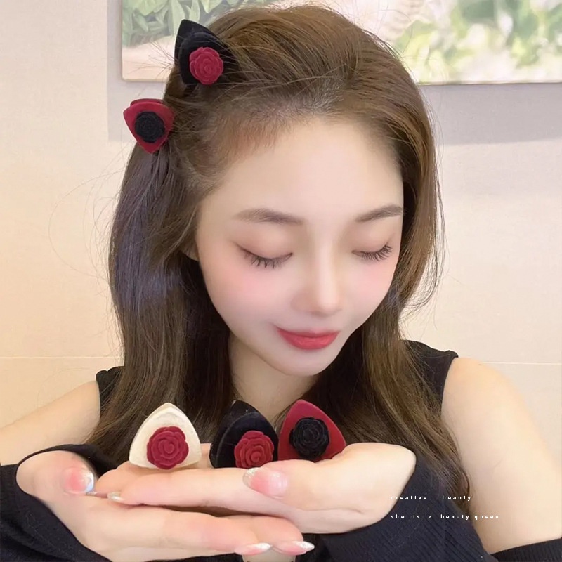 Set 2 Kẹp Tóc Hình Tai Mèo Đính Hoa Hồng Phong Cách Retro