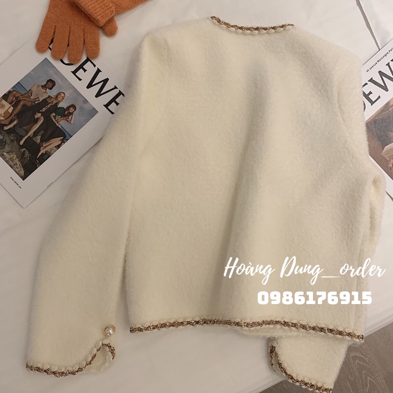 Áo Khoác Cardigan Len Nữ Giả Dạ Tweed Cổ Tròn Viền Kim Tuyến Cúc Ngọc Dài Tay Hàng Quảng Châu Phong Cách Hàn Quốc