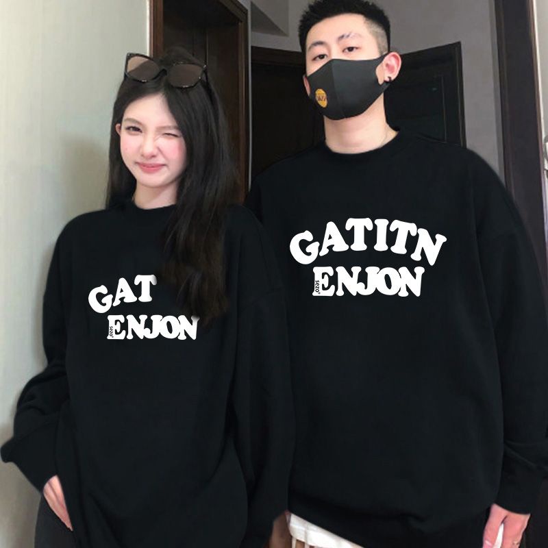 Áo sweatshirt IHKKE màu đen/ trắng in họa tiết chữ cái phong cách Hàn Quốc thời trang dành cho cặp đôi