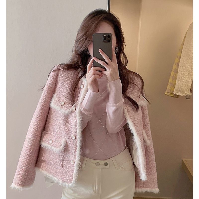 Áo dạ tweed màu hồng dáng ngắn pastel hàng quảng châu cao cấp-D01