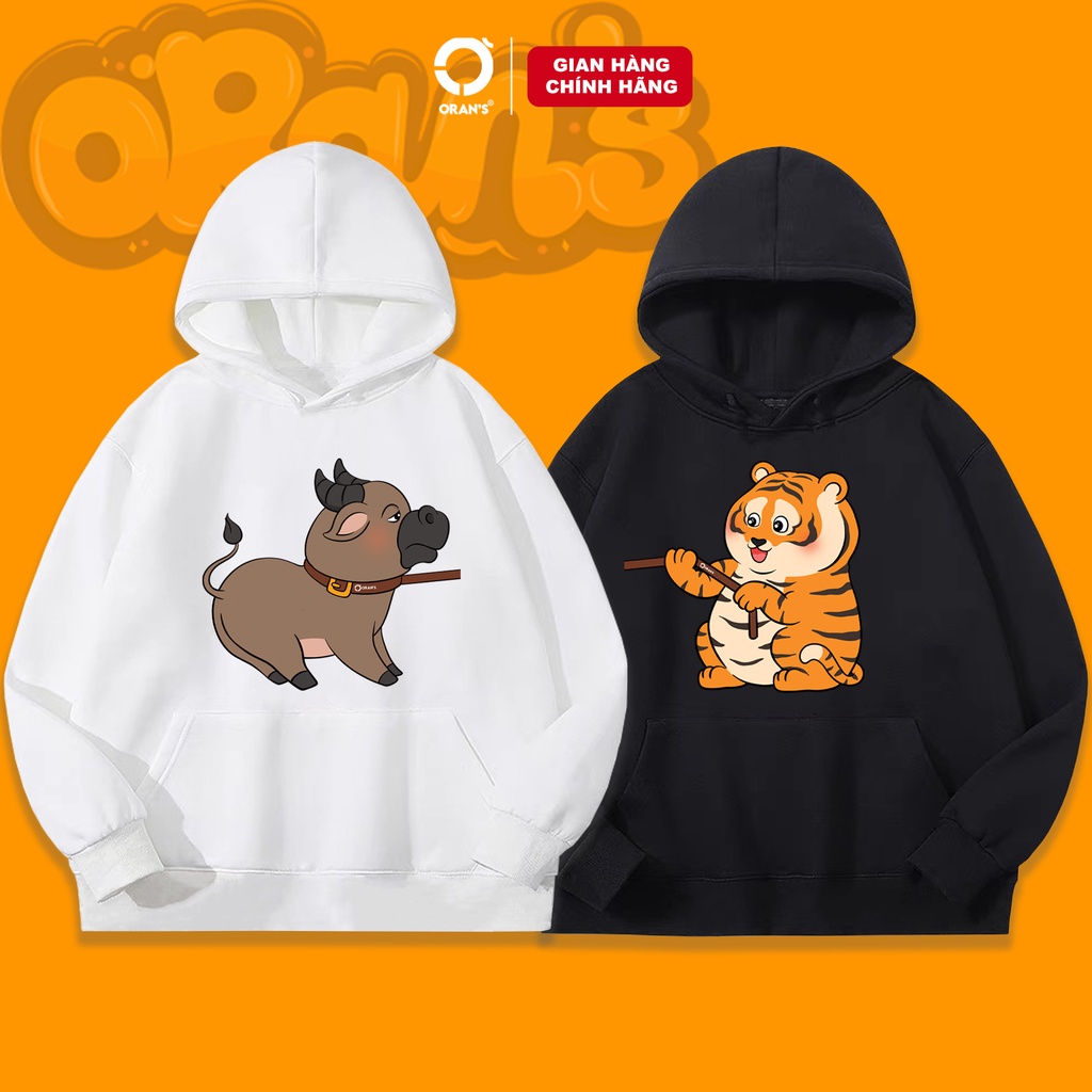 Áo Hoodie in hình con hổ kéo con trâu ORAN'S Oversize chất nỉ cotton lót bông, FULLBOX ORANS COUPLE - 07