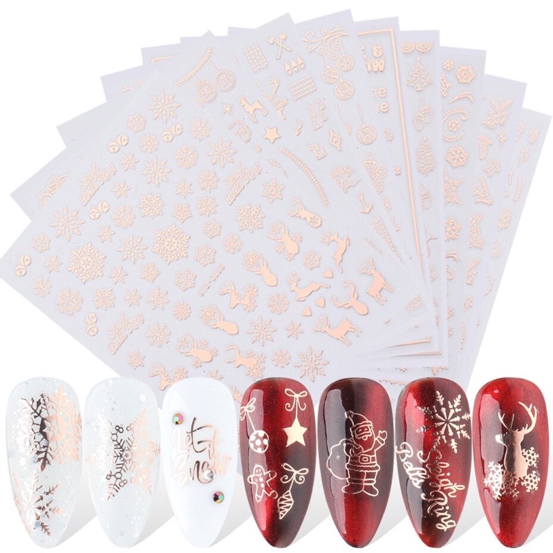 Sticker Noel dán móng nail bông tuyết Giáng sinh vàng hồng