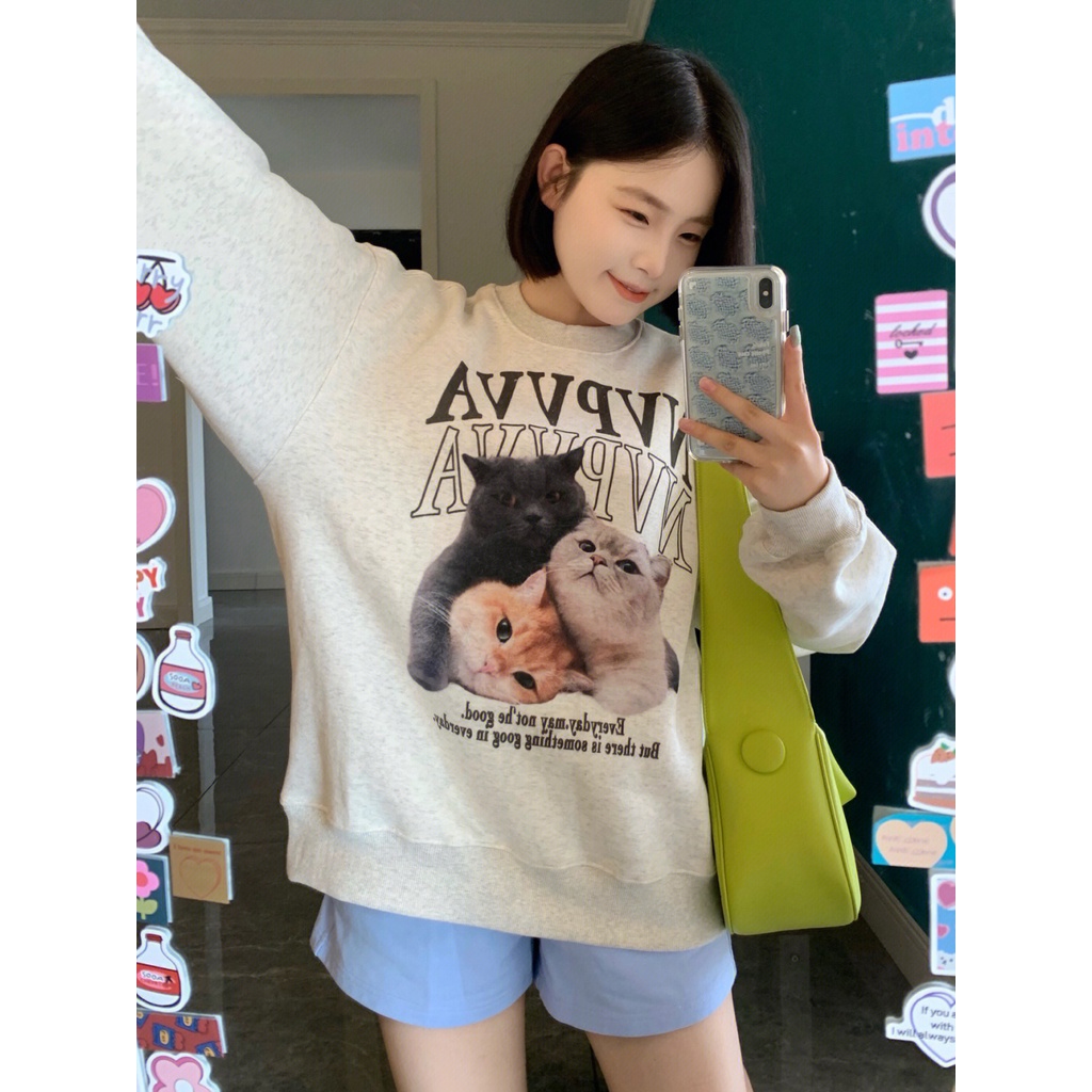 Áo sweater XINLANYASHE dáng rộng in hình mèo kiểu Hàn Quốc xinh xắn cho nữ