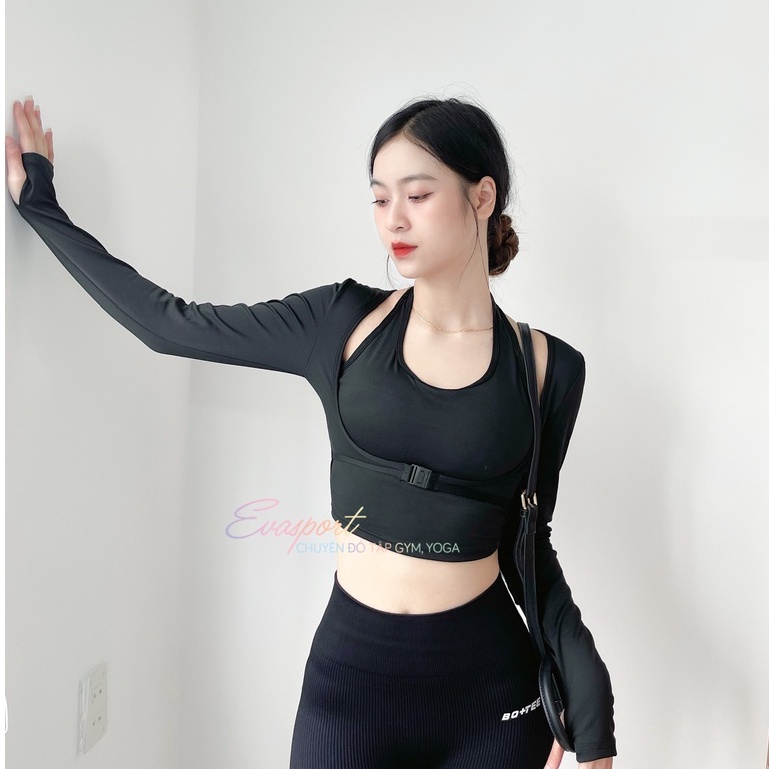 Áo Tập Gym, Yoga, Aerobic Nữ Tay Dài Trước Ngực Kèm Bra, Áo Mùa Lạnh 2 Lớp, Thể Thao, Ôm Body Co giản Evasport