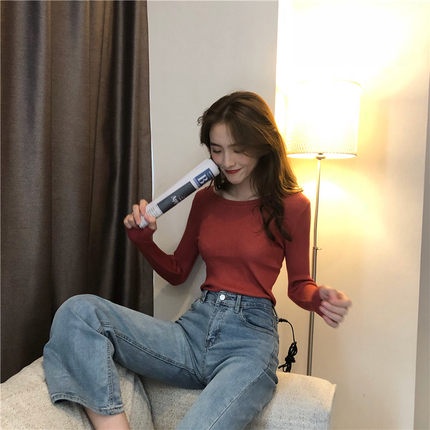 Áo Len Cổ Tròn Dài Tay Dệt Kim Màu Trơn Basic Dáng Ôm