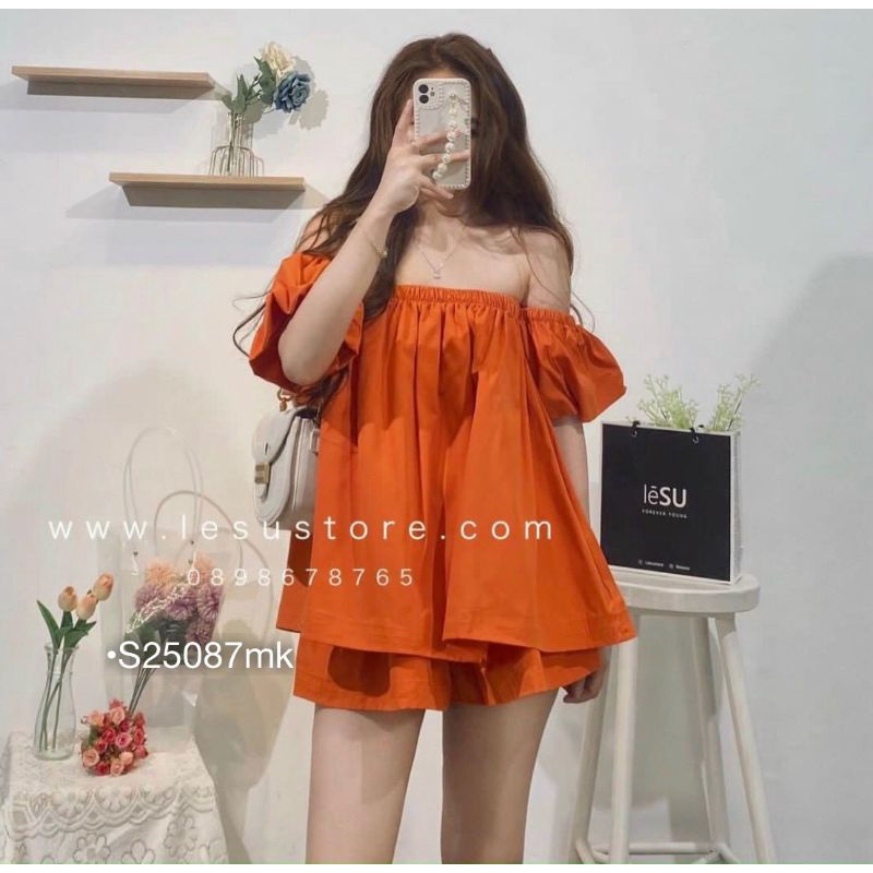 Set Đồ Nữ Đi Biển Áo Trễ Vai Cam Form Rộng Kèm Quần Short Ngố ,Đồ Bộ Đùi Mặc Nhà Vải Thô Mát