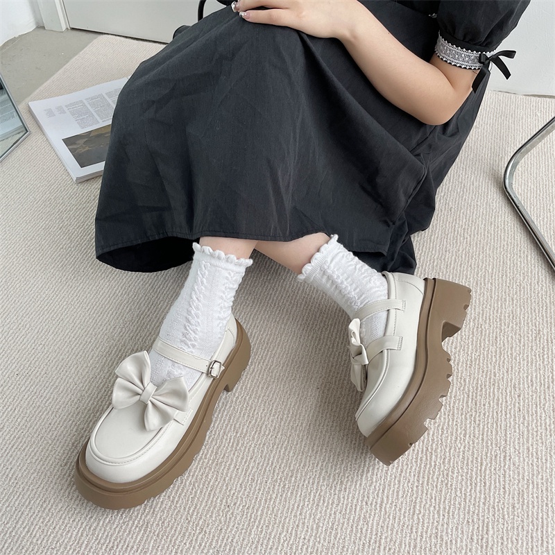 IELGY women's thick sole height increasing leather shoes with bow