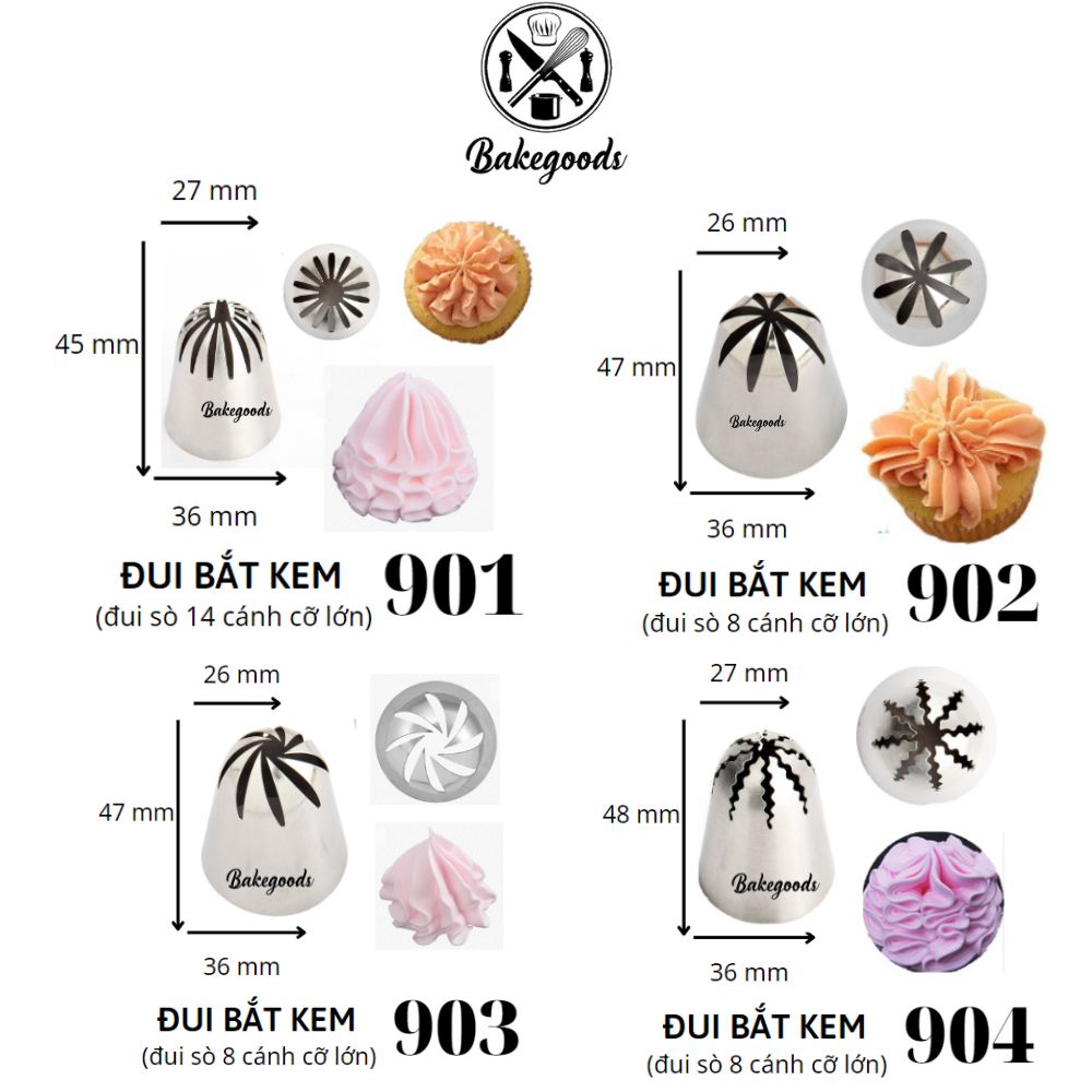 Bộ 4 đui bắt kem cỡ lớn 901, 902, 903, 904 đuôi bắt bánh quy, trang trí bánh sinh nhật chất liệu thép đúc liền khối