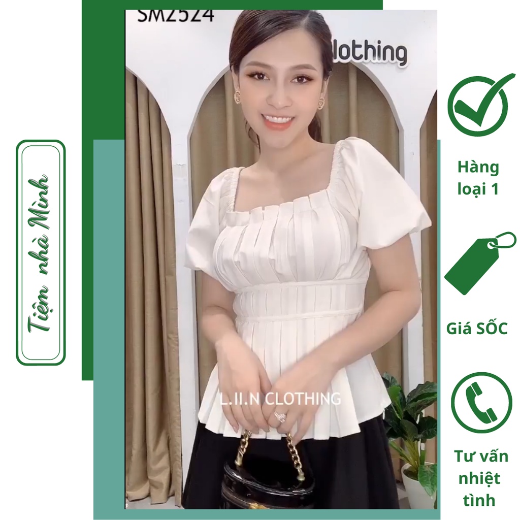 Áo Peplum Nữ Trắng Xếp ly, Áo sơ mi trắng xếp ly cổ vuông Nữ Tay bồng siêu dễ thương