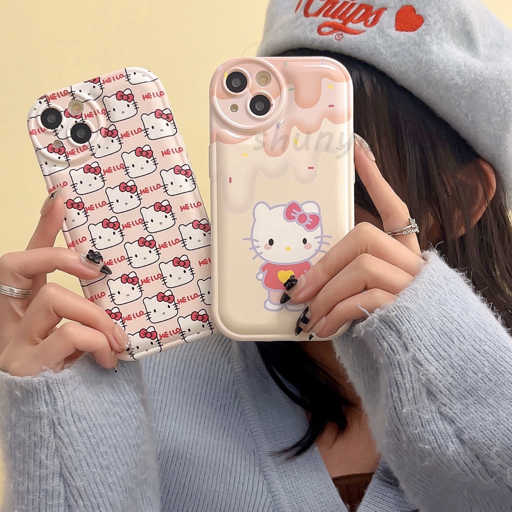 Kẹo màu Hello Kitty Air Cushion chống rơi Silicone iPhone Case cho iPhone 11 12 13 14 Pro Max X XR XS Max 7 Plus 8Plus SE2020 6 6s Dễ thương TPU Shockproof trường hợp bảo vệ