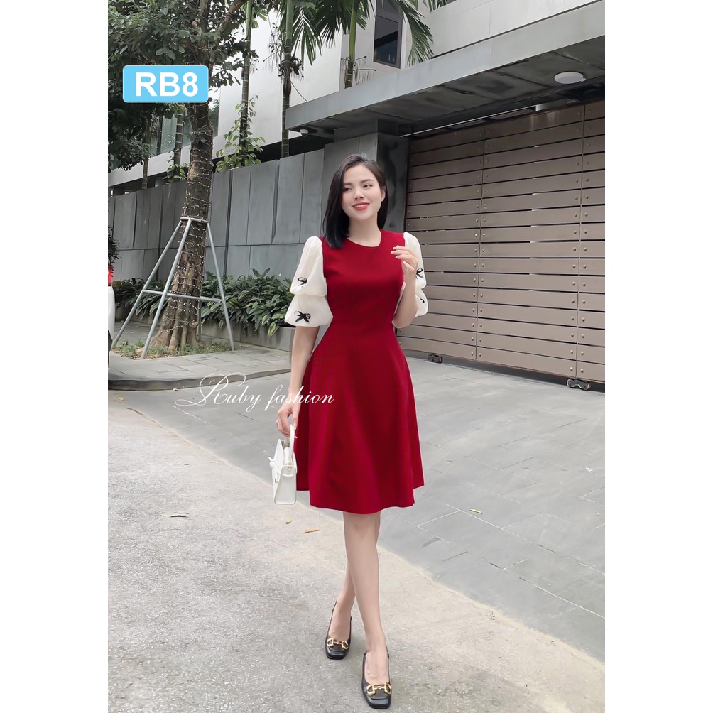 Đầm, Váy nhung đỏ tay phối ren nơ kèm phụ kiện xinh xắn