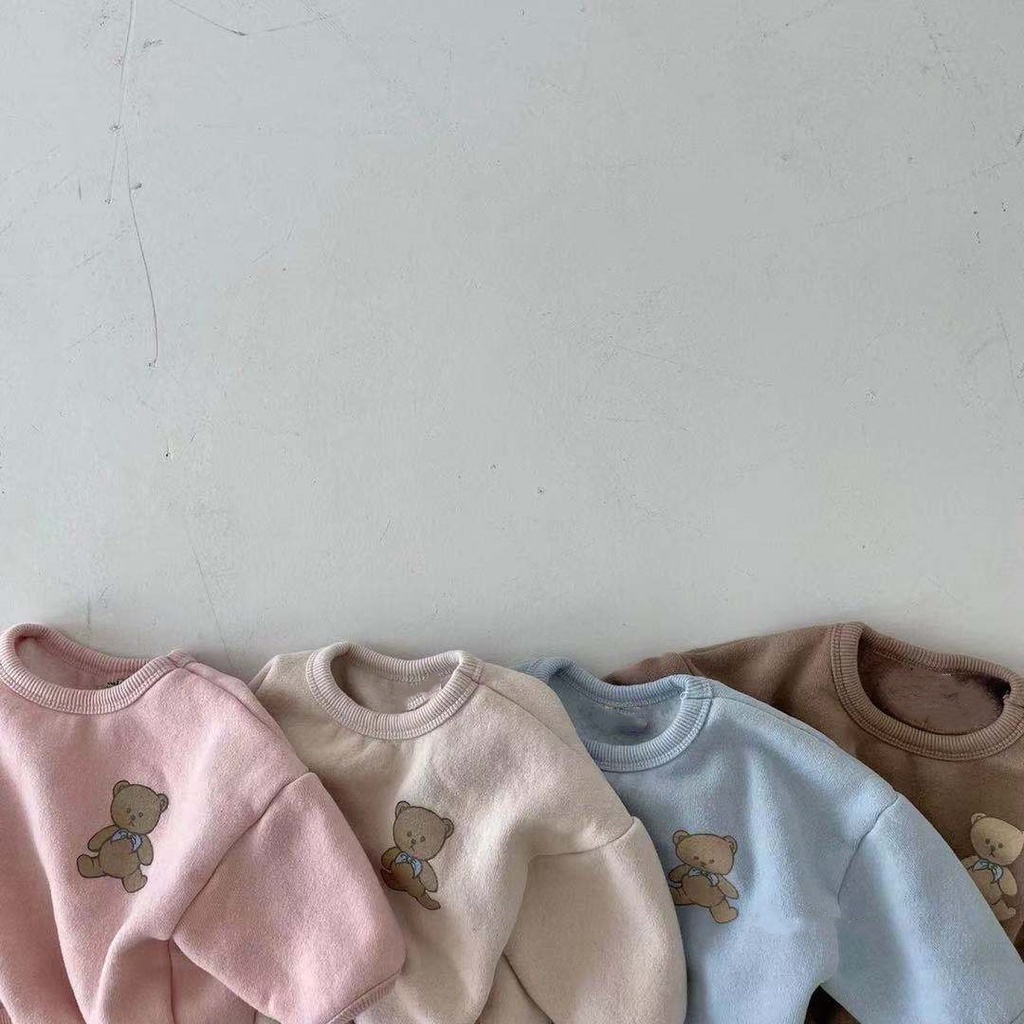Áo Sweater Cotton Tay Dài Màu Trơn In Hình Gấu Dễ Thương Phong Cách Hàn Quốc Cho Bé Sơ Sinh