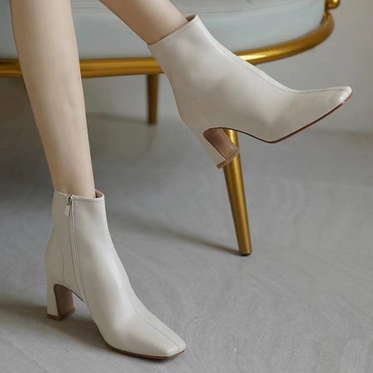 Giày Boot Cao Gót Mũi Vuông Phối Khóa Kéo Thời Trang Sành Điệu