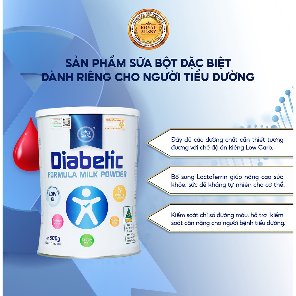 Sữa Dành Cho Người Tiểu Đường Hoàng Gia Úc ROYAL AUSNZ Diabetic Formula Hỗ Trợ Hạ Đường Máu Hộp 500gr