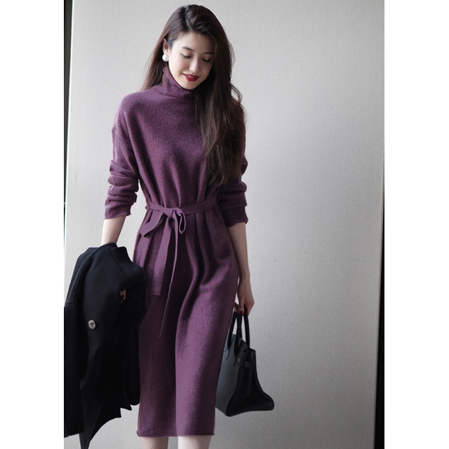 Đầm Len Cổ Cao Dáng Dài Qua Gối Thời Trang Thu Đông Mới 2022 Cho Nữ