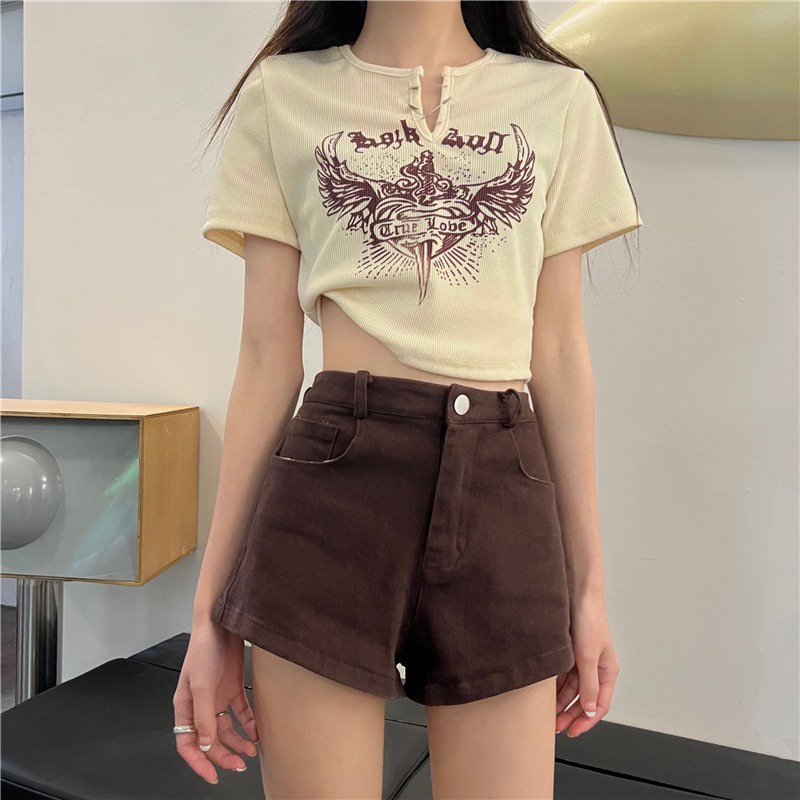 IELGY      Áo Thun Ngắn Cổ Chữ v Dáng Ôm In Họa Tiết Thời Trang Cho Nữ