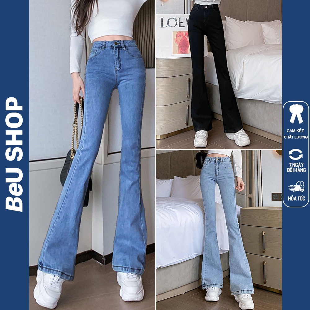 Quần bò jean nữ ống loe đứng rộng suông co giãn jeans cạp cao cao cấp Hottrend 2022 Beushop