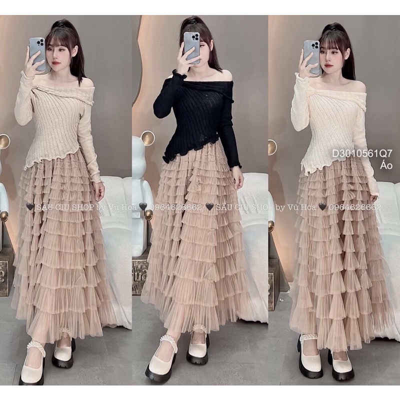 Áo len bẹt vai gấp biên đính ngọc dài tay tà xéo bèo TT3010