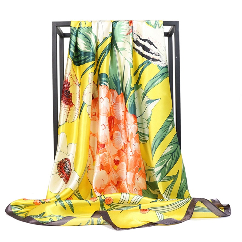 Khăn Choàng Lụa Satin Vuông 90x90cm In Họa Tiết Hoa Lá Thanh Lịch Thời Trang Cho Nữ