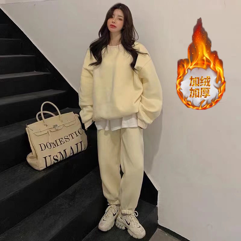 Bộ Đồ Thể Thao Hai Mảnh Dáng Rộng Lót Lông Cừu Dày Phong Cách Hàn Quốc Thời Trang Thu Đông Hàng Mới Năm 2021