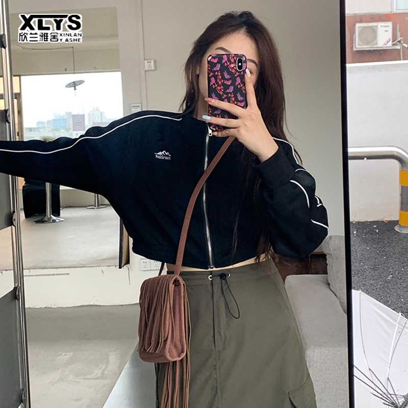 Áo khoác cardigan XINLANYASHE thiết kế cổ đứng phối khóa kéo thêu họa tiết thời trang cho nữ