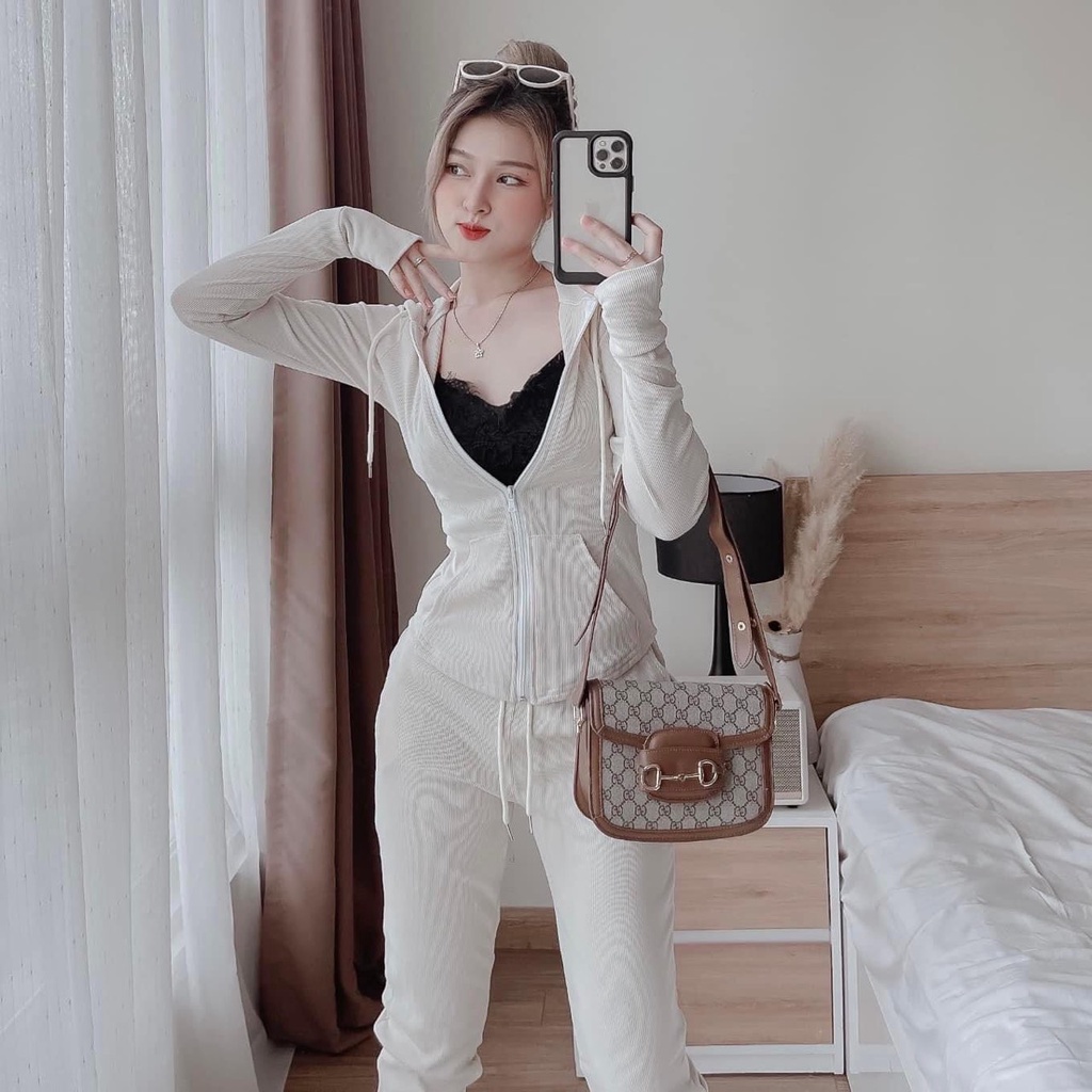 SET ÁO KHOÁC NÓN DÂY KÉO + QUẦN ỐNG TÚM LƯNG THUN 2 MÀU (TH)