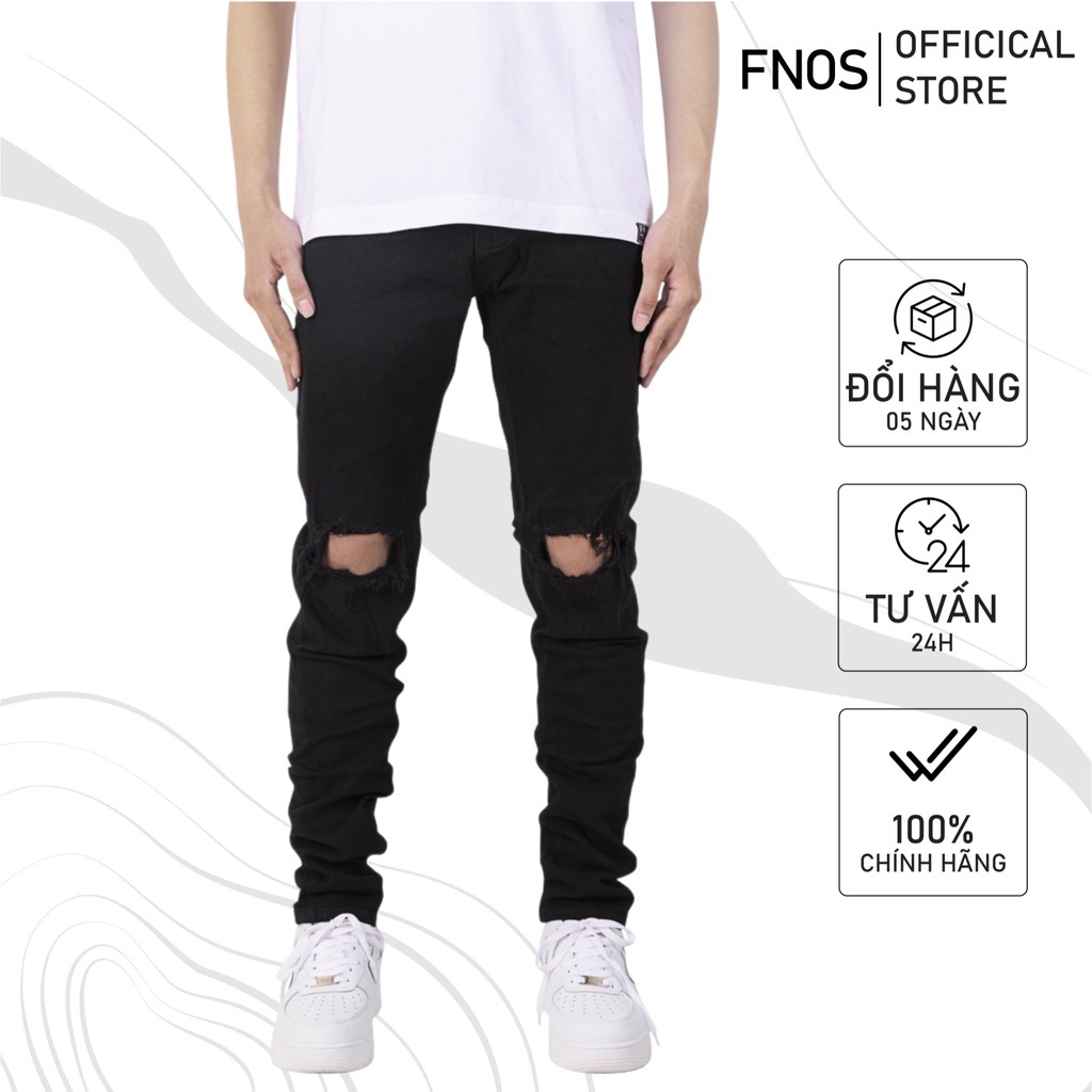 Quần jean nam streetwear cao cấp FNOS NZ5 màu đen rách gối form slimfit jean thun co giãn ©️