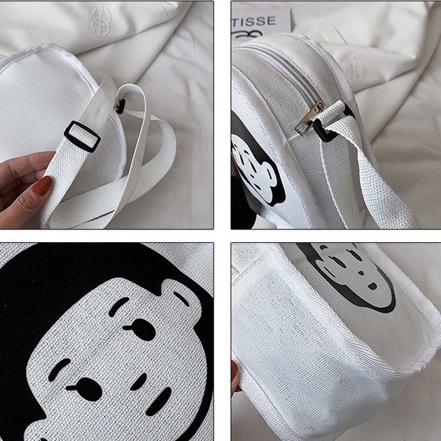 Túi vải tote canvas đeo chéo hình mặt người ngộ nghĩnh đáng yêu phong cách Harajuku Nhật Bản