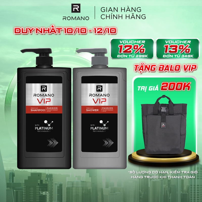 Combo Dầu gội và Sữa tắm cao cấp Romano Vip Passion mạnh mẽ bí ẩn 650g/chai