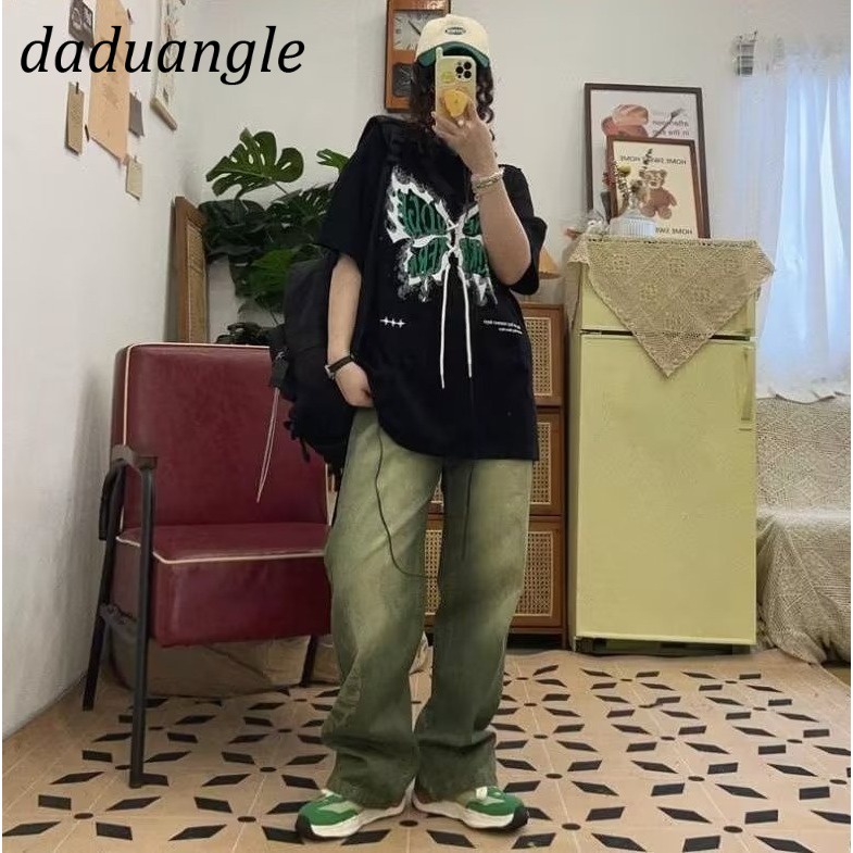 Quần jean Daduhey ống rộng lưng cao họa tiết chữ phong cách retro thời trang Mỹ