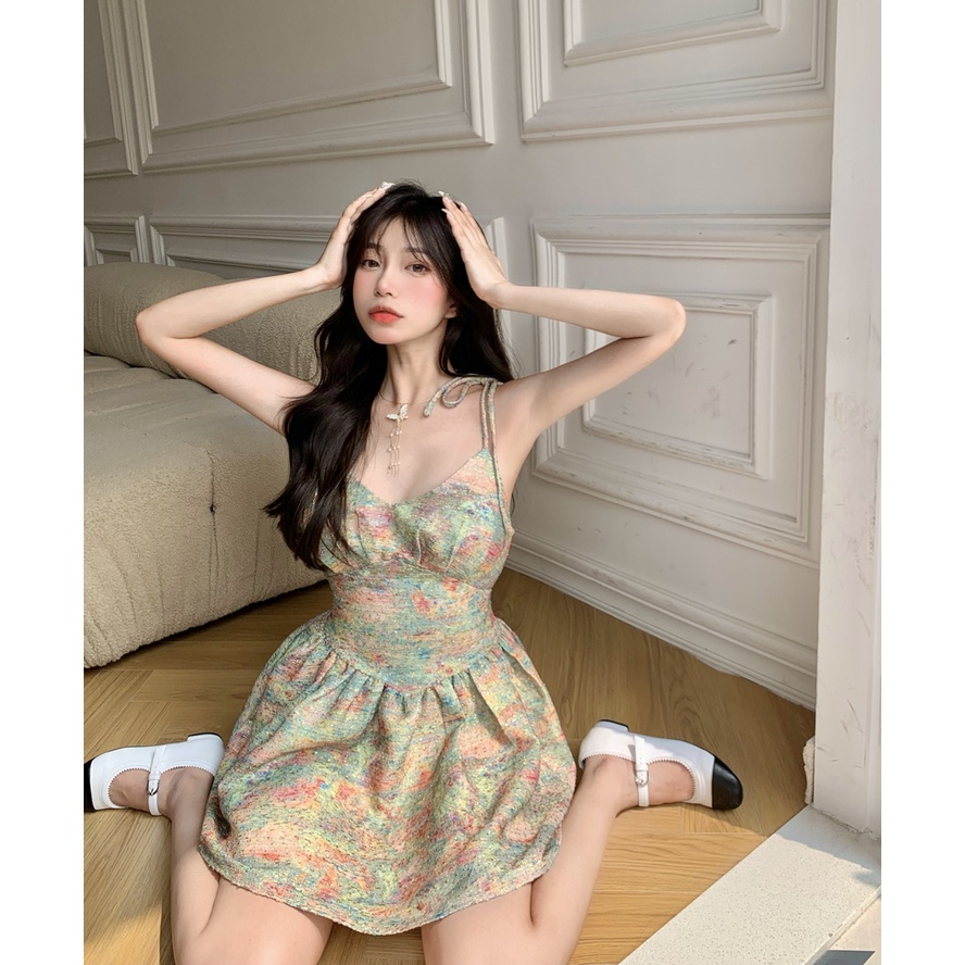 Đầm Hai Dây Ngắn Eo Nhẹ In Họa Tiết Hoa Quyến Rũ Cho Nữ