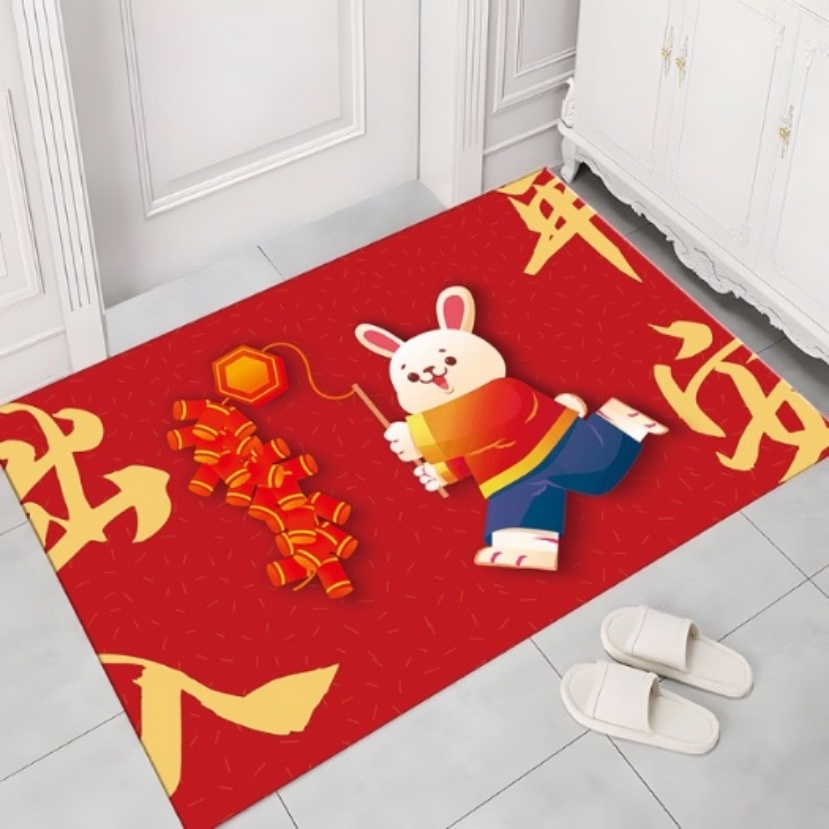 [Hàng Có Sẵn] 2023 Thảm Lót Sàn Hấp Thụ Nước Chống Trượt Hình Thỏ CNY Năm Mới Thảm lót sàn trang trí màu đỏ