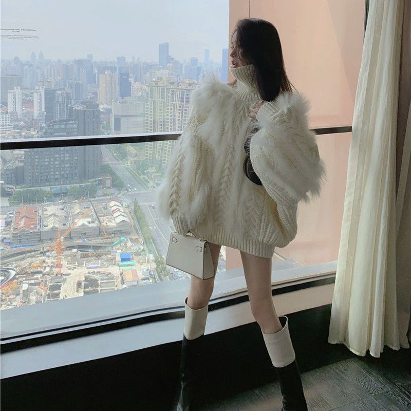 Áo Sweater Cổ Cao Phủ Lông Phong Cách Phương Tây Thời Trang Sang Trọng Cho Nữ