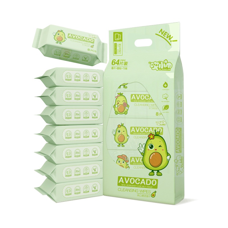 Khăn giấy ướt mini không mùi 1 bịch 8 gói, nhiều hình dễ thương bỏ túi tiện lợi