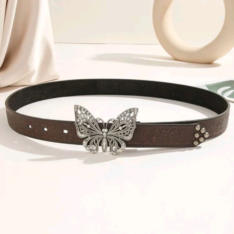 Thắt lưng hồng đính đá rhinestone bling bling khoá bướm phong cách y2k, Punk thời trang Unisex