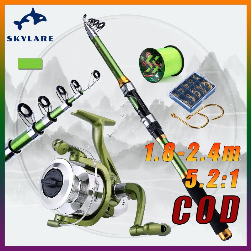 Bộ cần câu máy，Cần Câu Cá đánh cá bằng sợi carbon 1.8-2.4m +6BB Máy Câu Cá，tỷ lệ tốc độ 5.2: 1