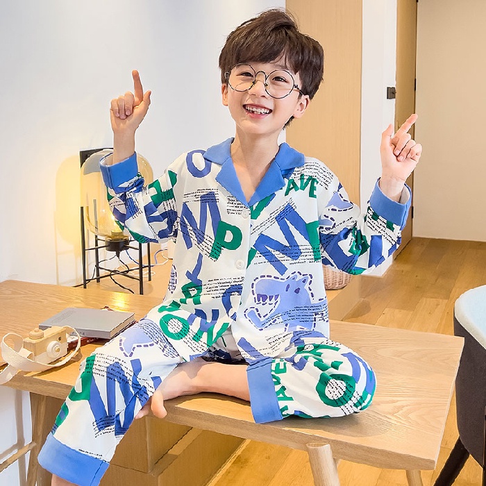 Bộ Đồ Ngủ Tay Dài Chất Liệu Cotton In Họa Tiết Hoạt Hình Phong Cách Hàn Quốc Thời Trang Cho Bé Trai
