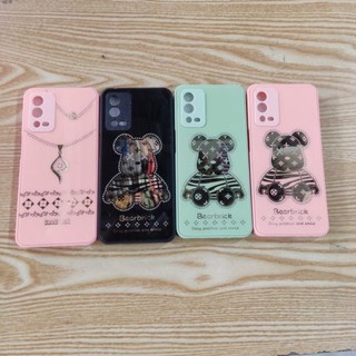 Ốp lưng Oppo A55 4G dẻo viền lưng kính đính hột hình gấu có bảo vệ camera