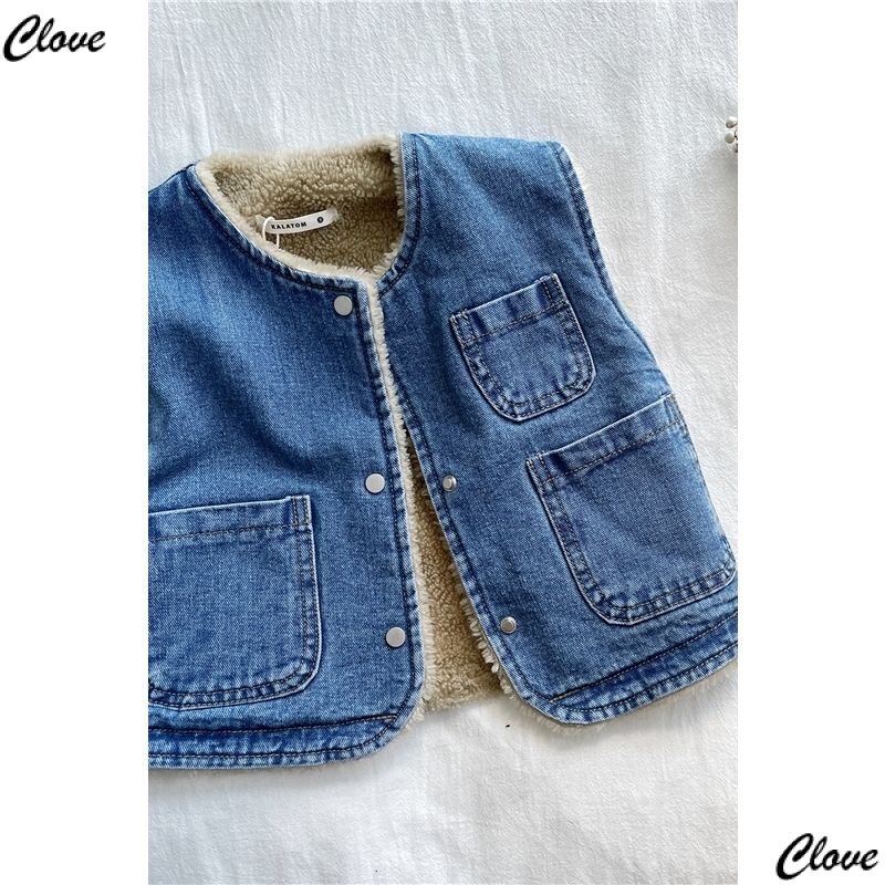 Áo Khoác Denim Không Tay Hai Mặt Lót Lông Cừu Dày Dặn Phong Cách Hàn Quốc Thời Trang Xuân Thu 2022 Mới Cho Bé Trai Và Bé Gái GKA6