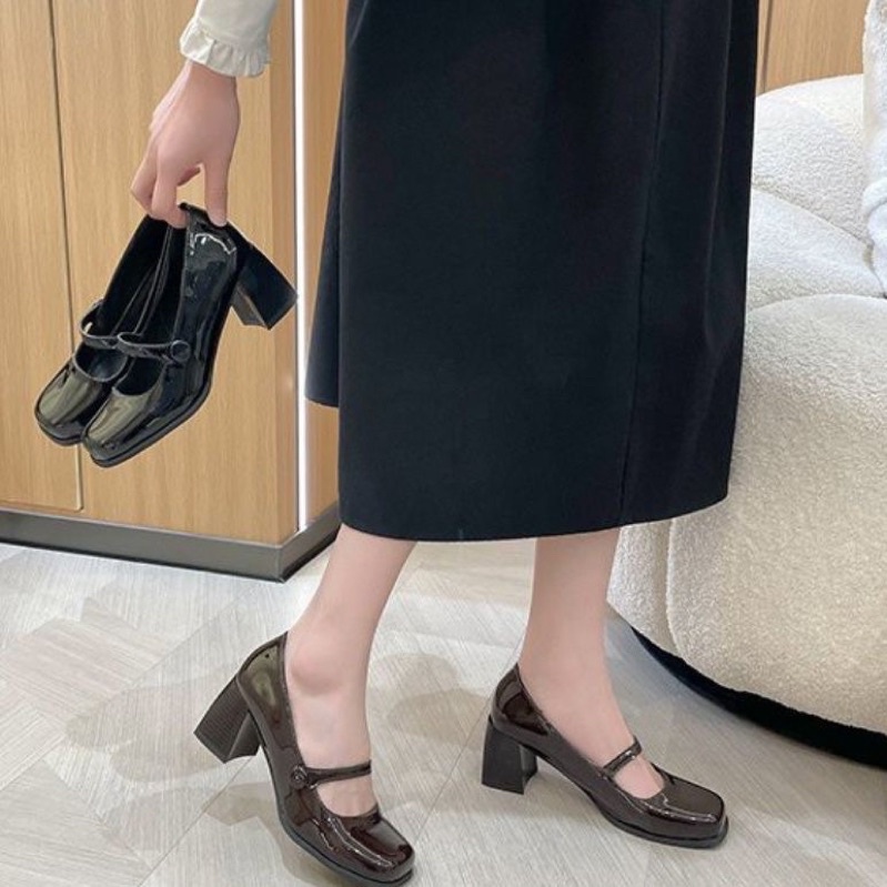 Giày cao gót mary jane đế vintage da bóng, cao 6cm